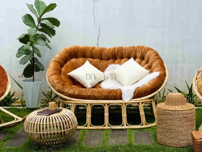 Ghế mây Mamasan, ghế Papasan đôi, sofa mây oval kèm nệm - S000092