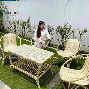 Combo bàn ghế mây sò mặt đan trắng (kèm bàn mây chữ nhật)