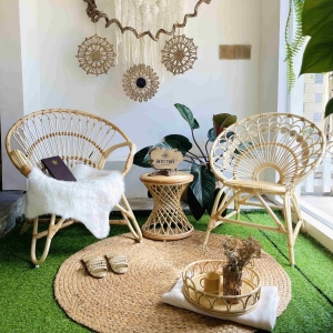 Combo bàn ghế mây đuôi công decor vintage